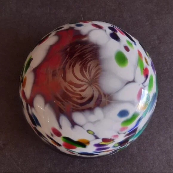 Vintage Signed 1996 Hand Blown Art Glass Paperweight Millefiori Rainbow Confetti